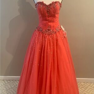 Elegant Coral Strapless Gown with Embellishments